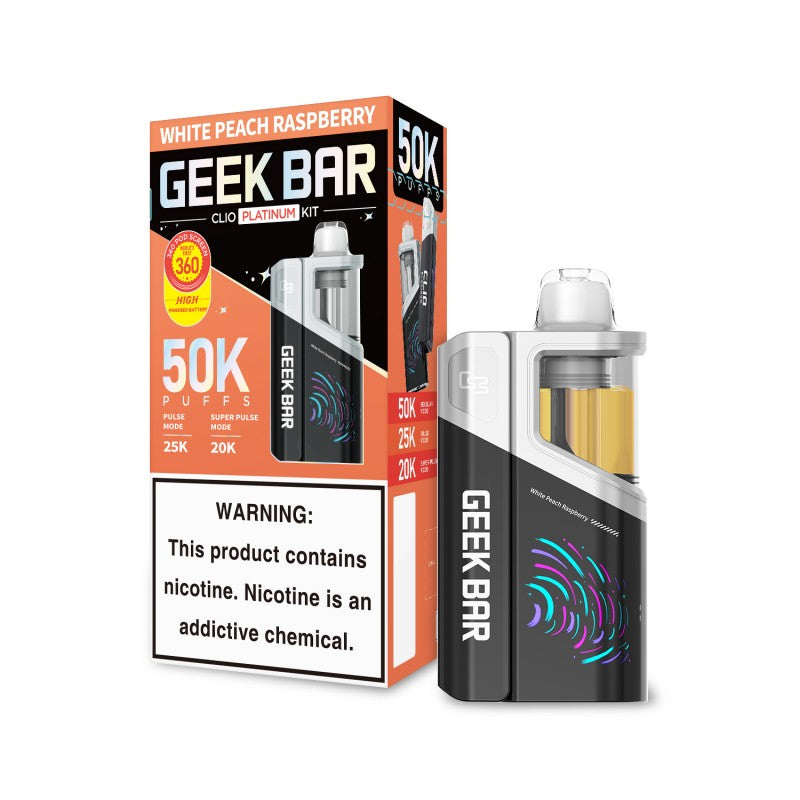 Geek Bar Clio Platinum Disposable Vape Kit – 50,000 Puffs — White Peach Raspberry