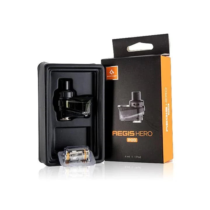 GeekVape Aegis Hero replacement pods for vape device, showing clear view of the pod with mouthpiece and filling port.