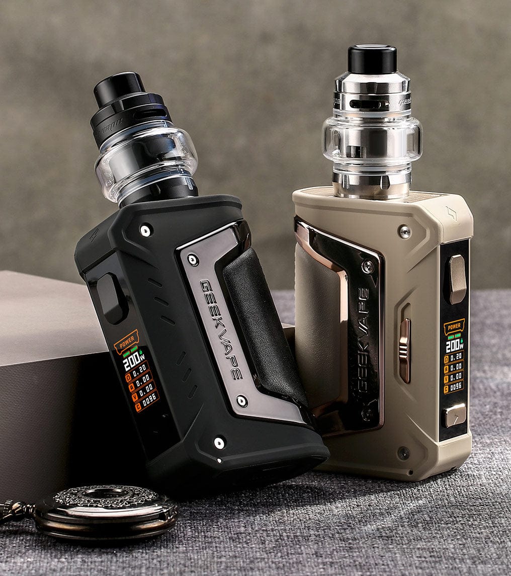 GeekVape L200 Classic 200W Starter Kit with mod and tank, featuring sleek design and adjustable airflow for vaping enthusiasts.