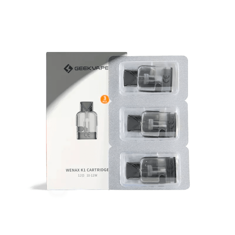 GeekVape Wenax K1 replacement pods for vaping device, showing sleek, clear hardware components and mouthpiece design.