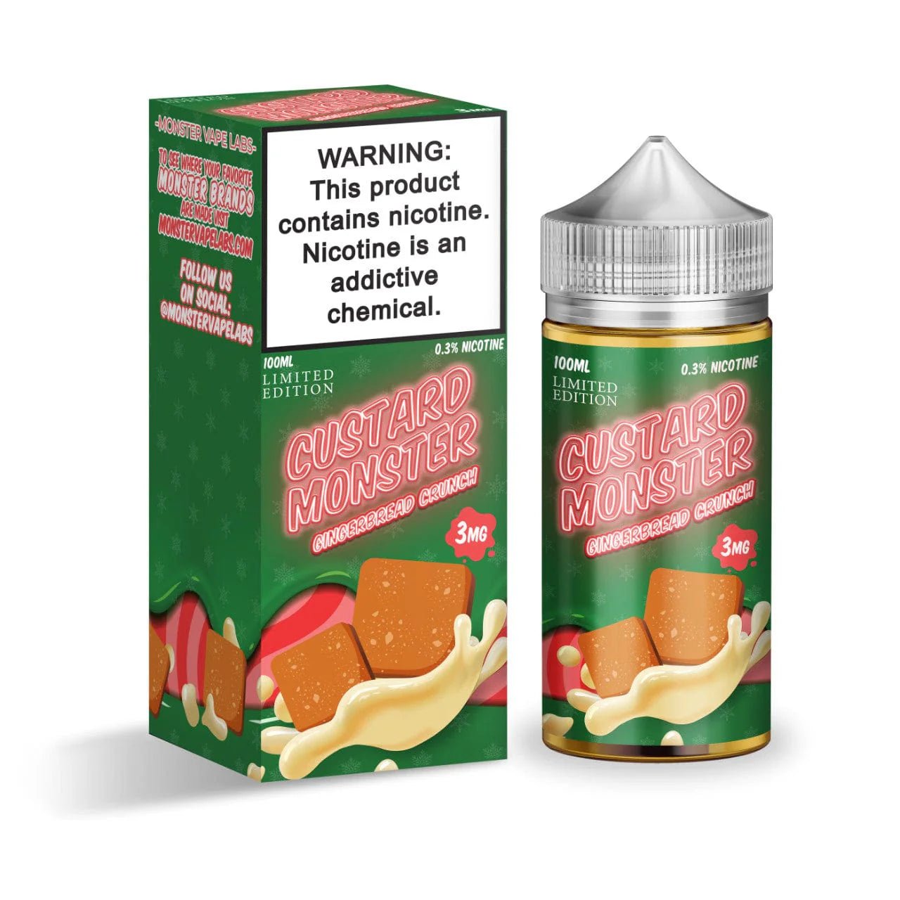 Custard Monster Gingerbread Crunch e-liquid bottle, 100mL, featuring a rich gingerbread and custard flavor profile.