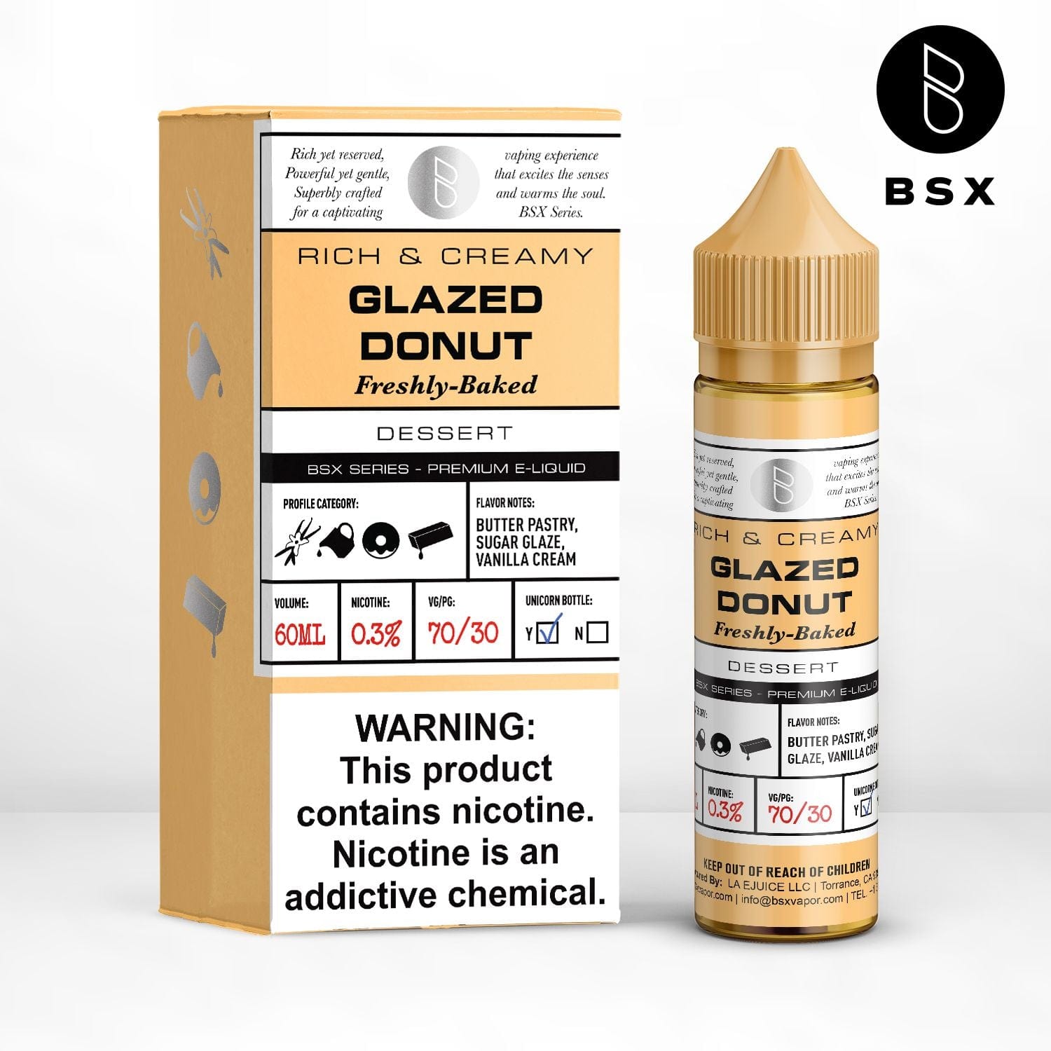 BSX Vapor glazed donut e-liquid in a 60mL bottle, showcasing the rich, glossy glazed donut flavor for vaping.