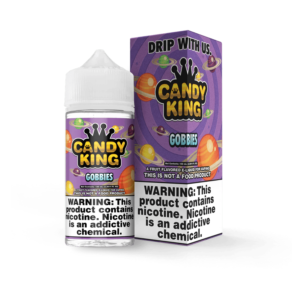 Gobbies Candy King 100mL e-liquid bottle with colorful label, perfect for vape enthusiasts seeking sweet candy flavor.