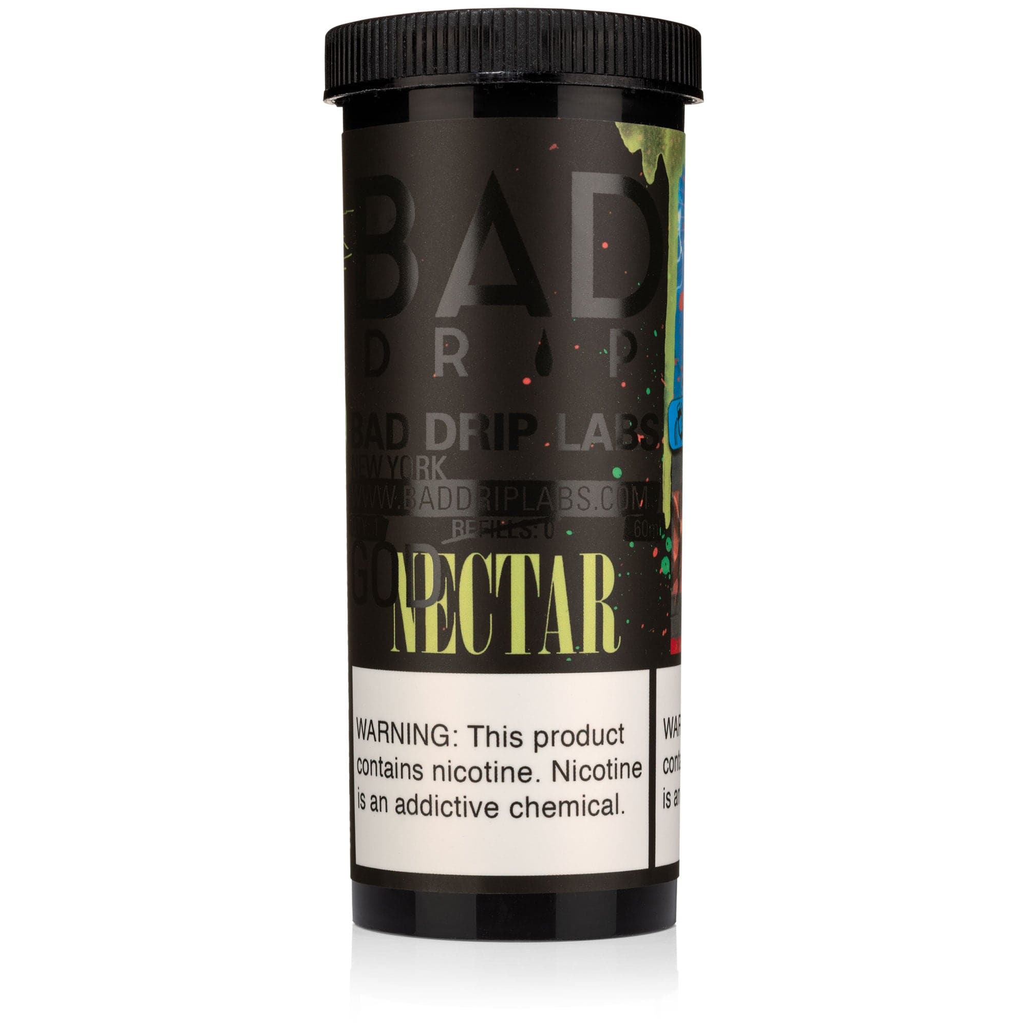 Bad Drip God Nectar e-liquid bottle, 60mL vape juice with vibrant label design from Bad Drip Labs.