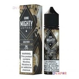 Gold Rush Mighty Vapors 60ml e-liquid bottle with gold and black labeling, featuring vibrant yellow accents and vapor branding.