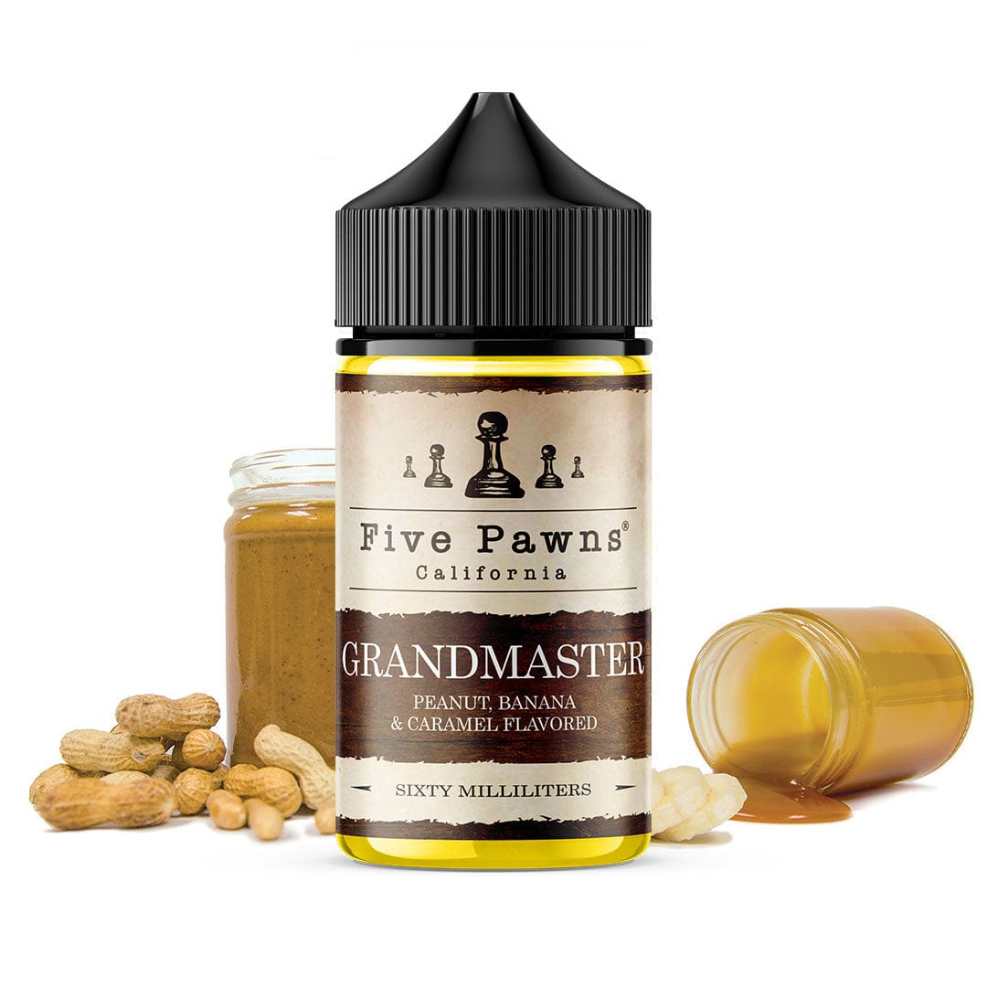 Grandmaster Five Pawns e-liquid bottle in 60mL size with detailed label design and colorful branding.