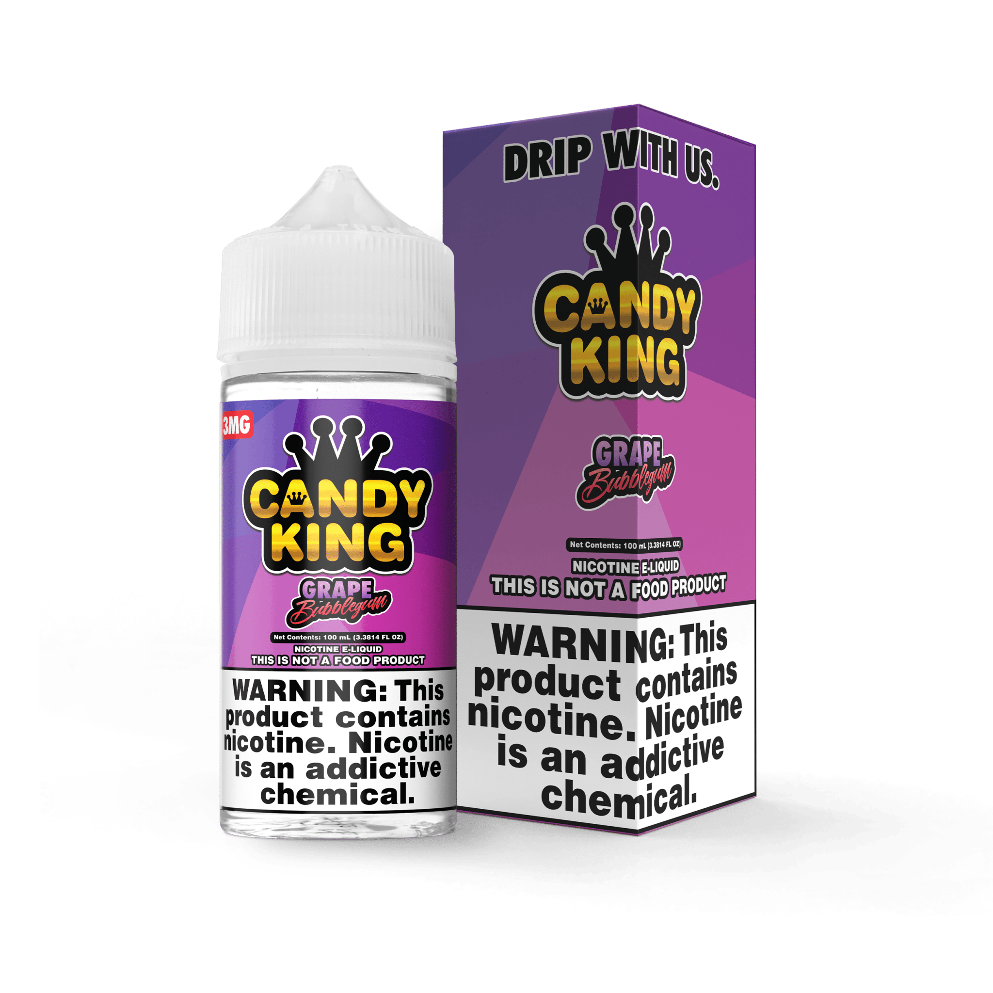 Grape Bubblegum e-liquid by Candy King in 100mL bottle, vibrant purple grape and bubblegum flavor with colorful packaging.