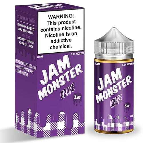 Grape flavored Jam Monster E-Liquid 100mL bottle with vibrant label featuring fresh grapes and jam visuals.