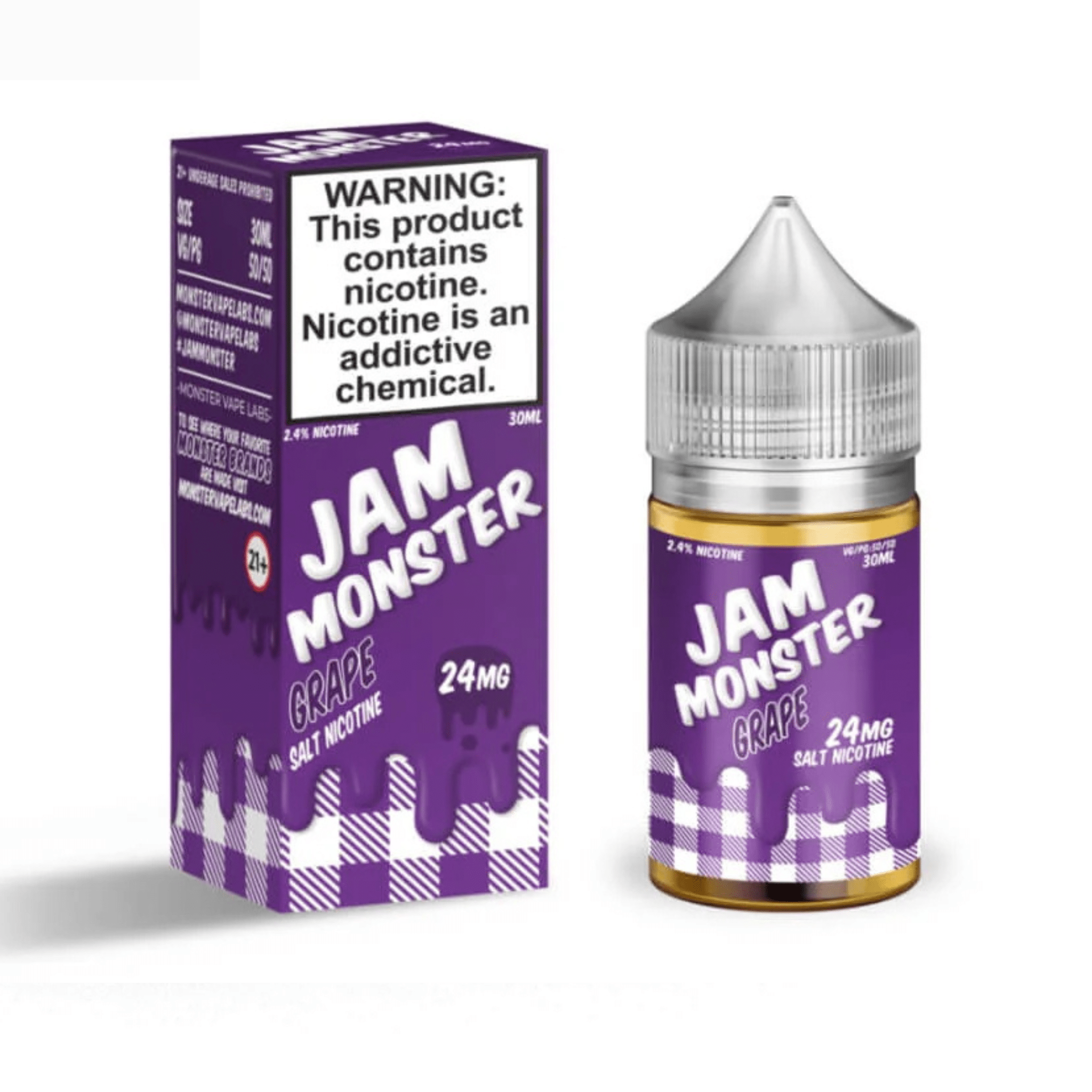 Grape SALT e-liquid by Jam Monster E-Liquid in a 30mL bottle, featuring a grape-flavored salt nicotine vape liquid.