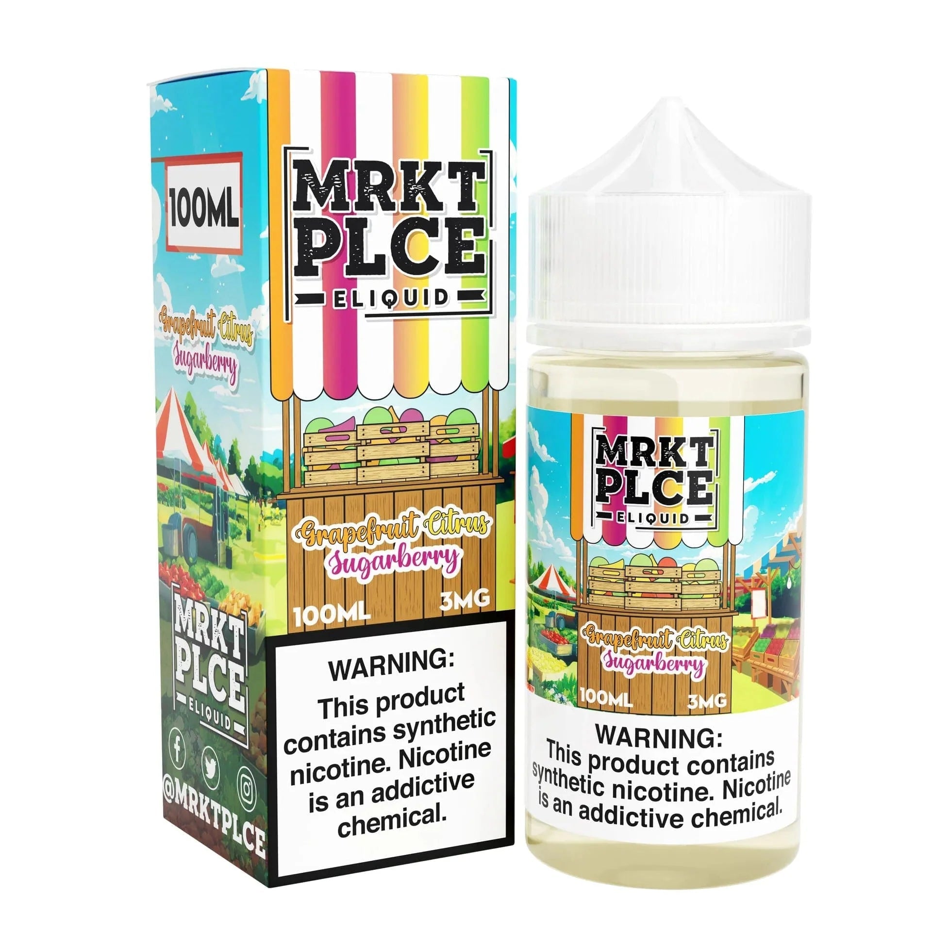 MRKT PLCE Grapefruit Citrus Sugarberry e-liquid in 100mL bottle with vibrant citrus and berry flavor design.