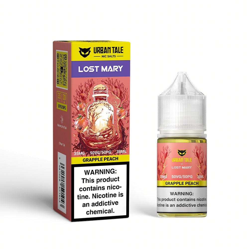 Grapple Peach SALT e-liquid by Urban Tale x Lost Mary, 30mL bottle with peach and fruit flavor design.