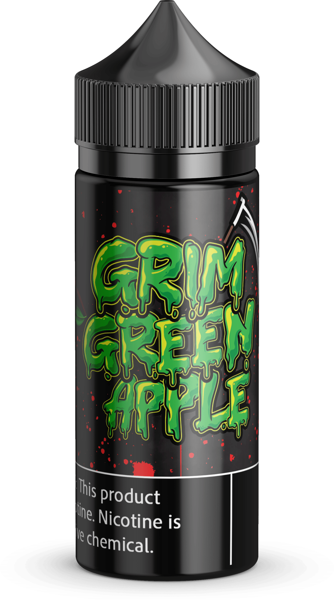 Vapergate Grim Green Apple e-liquid bottle, 100mL size, with label featuring green apple imagery and branding details.