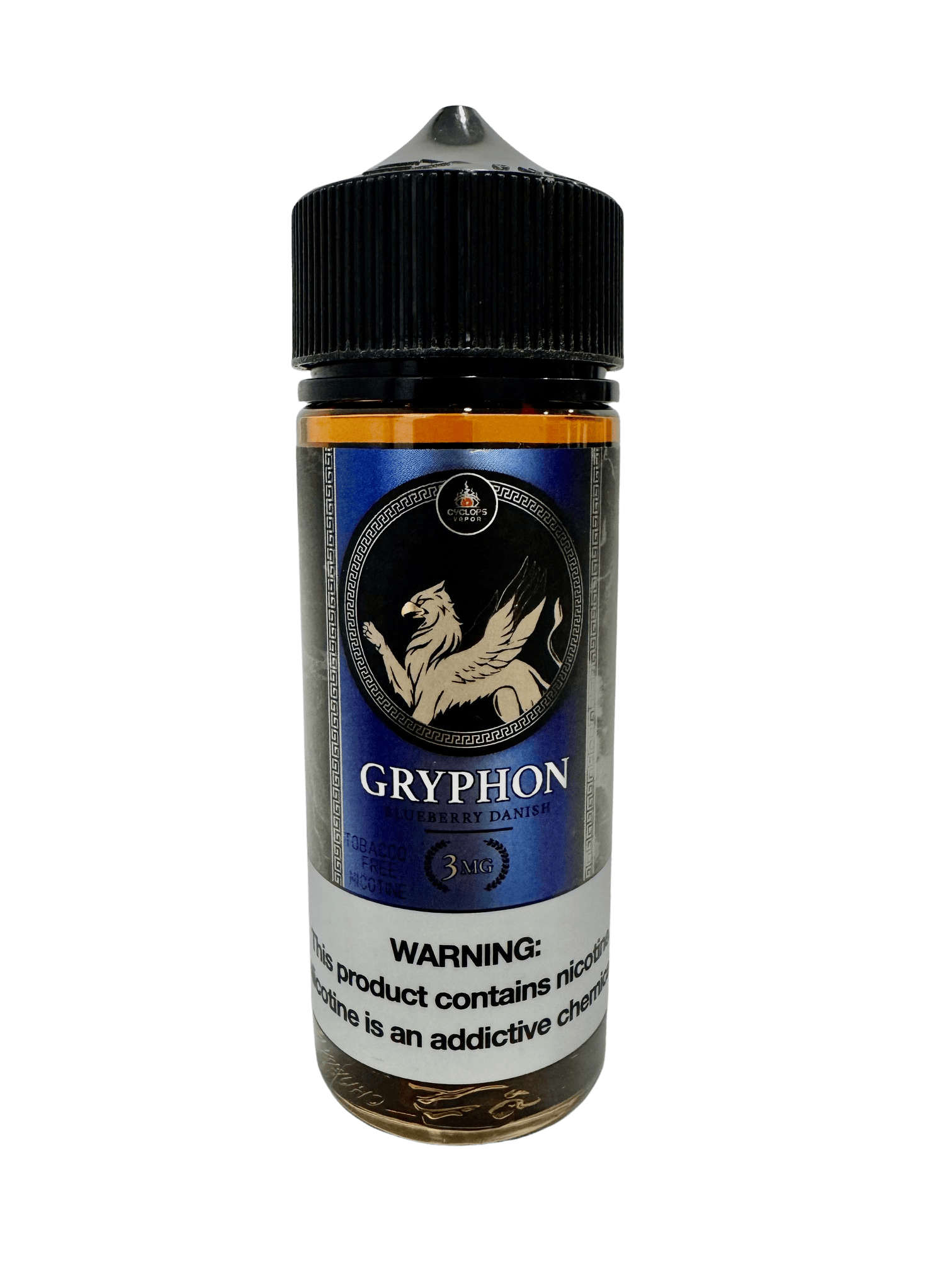 Cyclops Vapor Gryphon Cyclops Vapor vape juice bottle with colorful label and 120mL capacity for vaping.