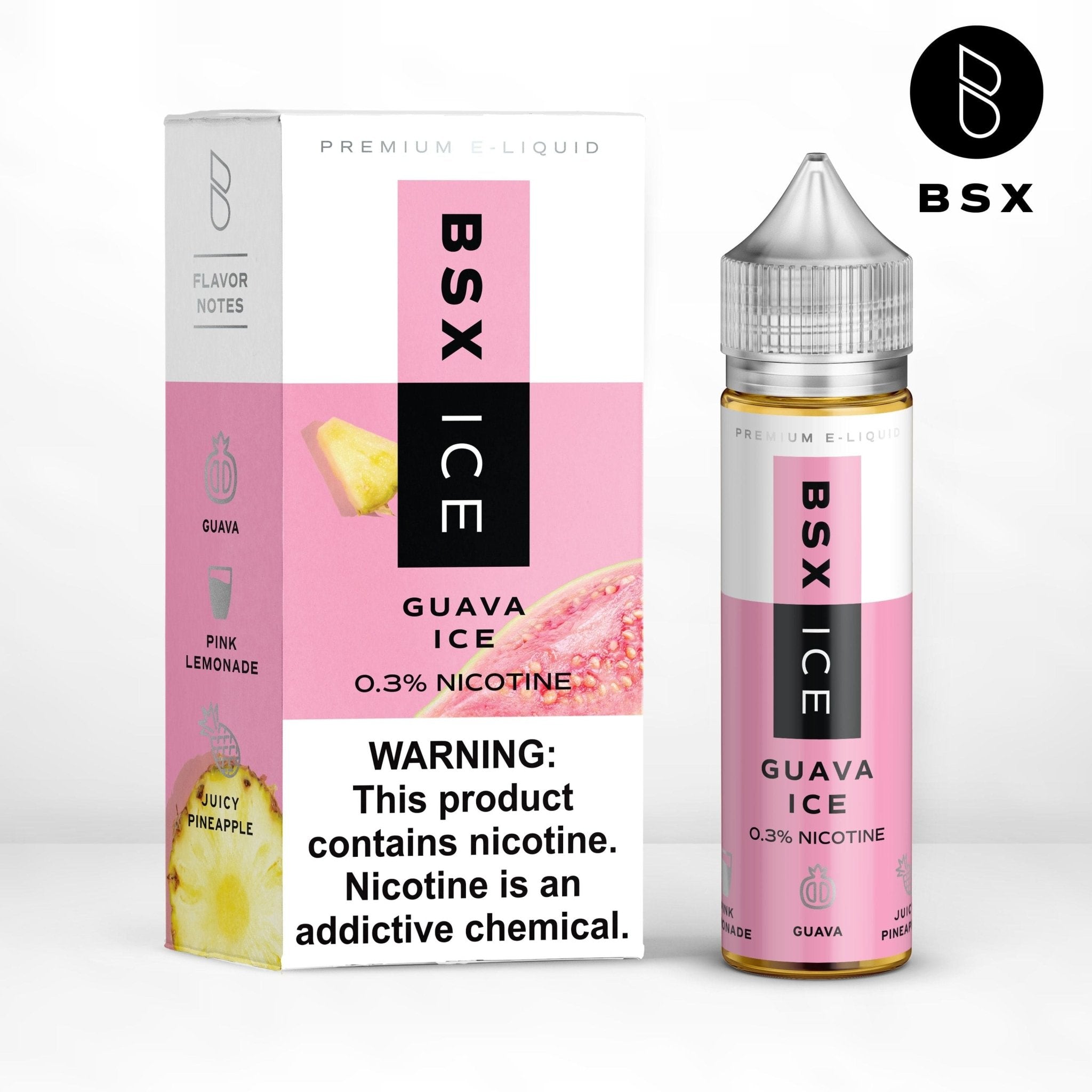 Bottle of Guava ICE BSX ICE e-liquid in 60mL bottle with a label featuring tropical guava and cool mint flavor elements.
