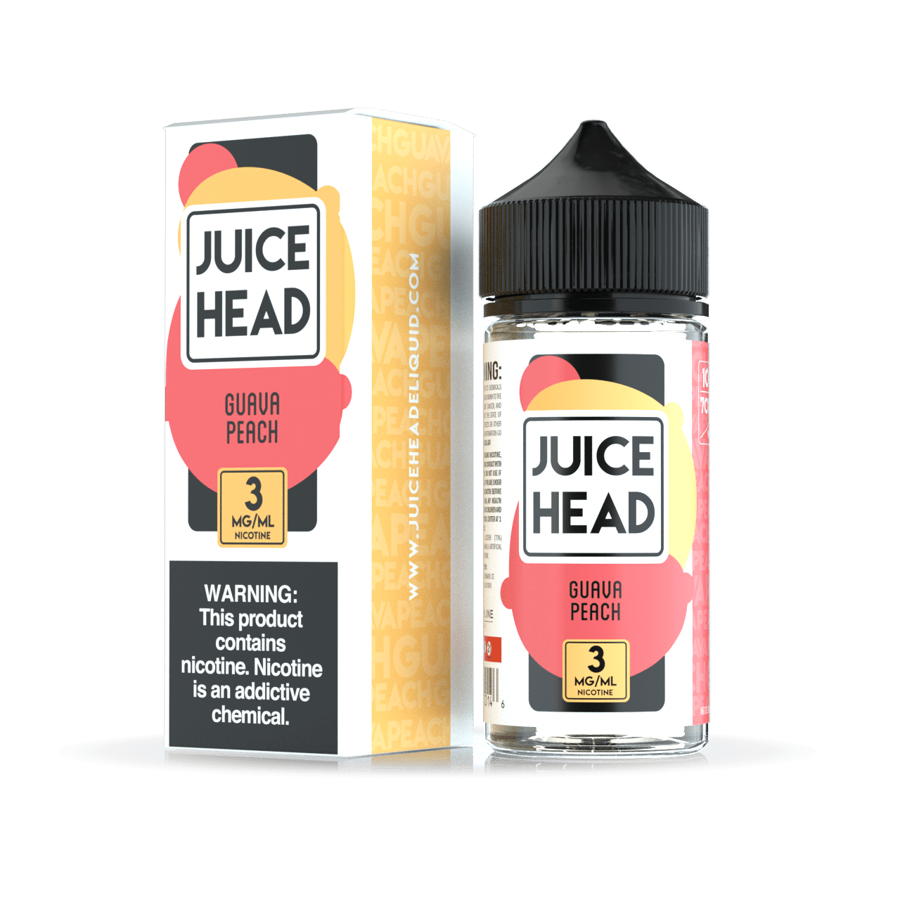 Juice Head Guava Peach e-liquid bottle, 100mL, with vibrant label featuring guava and peach fruit illustrations.