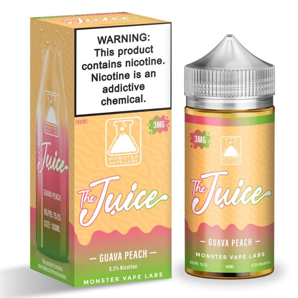 Juice Monster Guava Peach E-liquid bottle, 100mL with vibrant label featuring fresh guava and peach fruits.