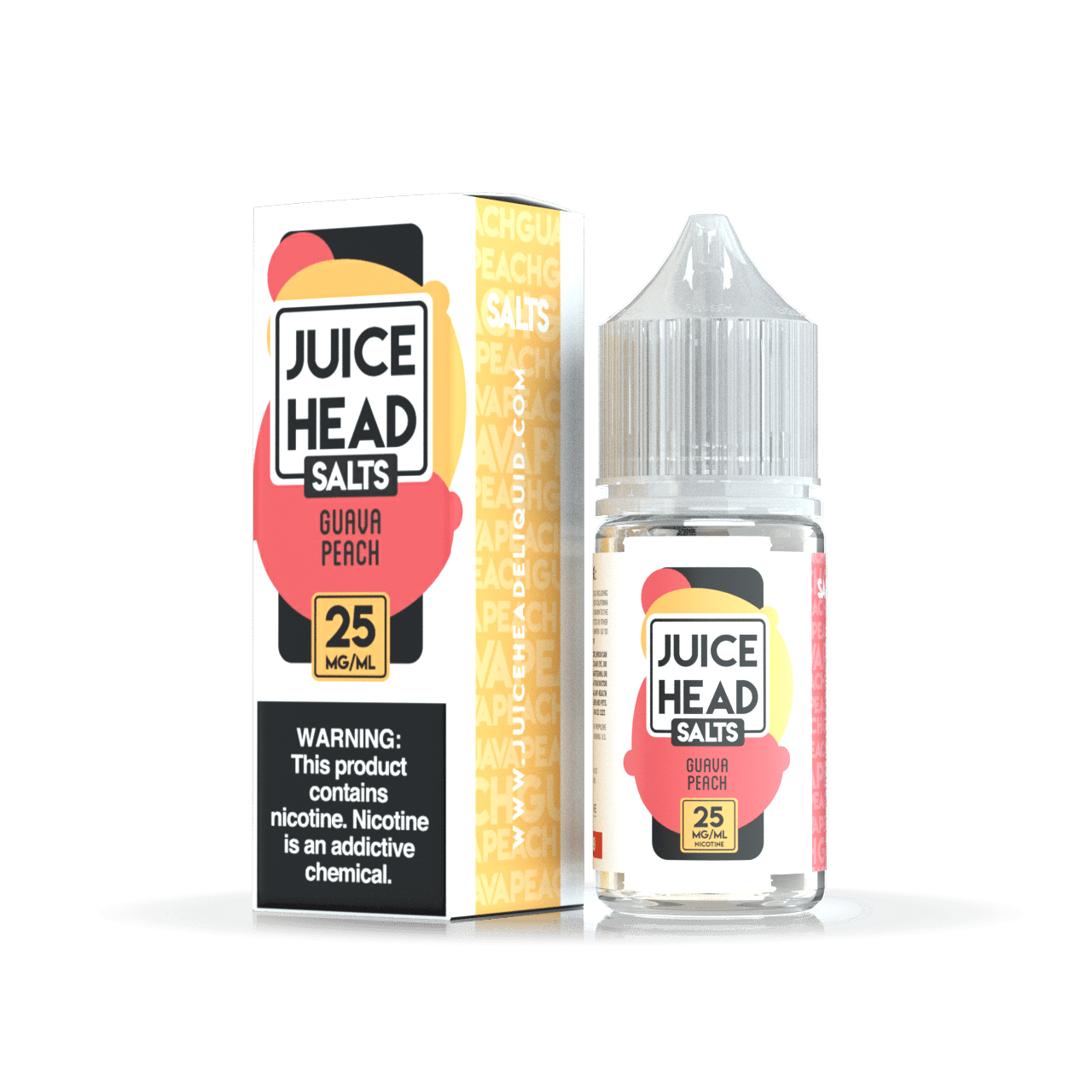 Juice Head Guava Peach Salt e-liquid bottle, 30mL, featuring a vibrant label with tropical guava and peach flavors.