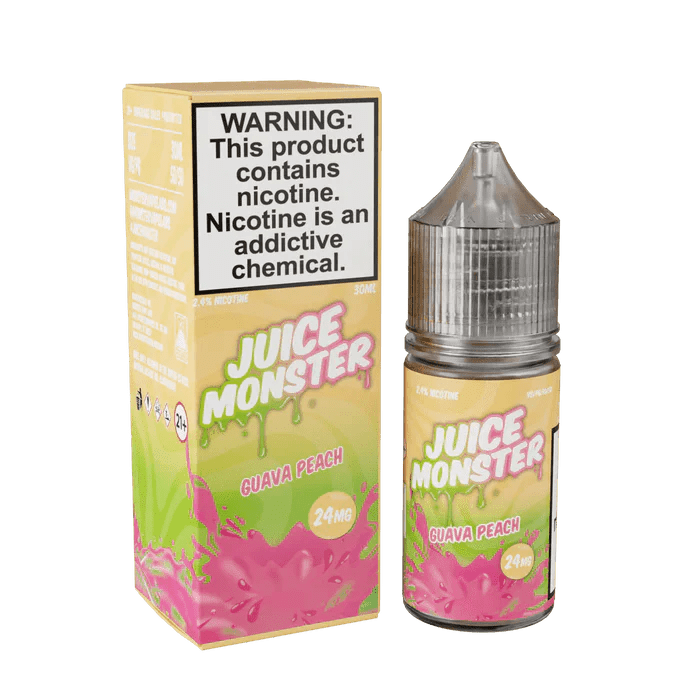Juice Monster Guava Peach SALT e-liquid bottle with colorful label, 30mL size, featuring tropical fruit flavor for vaping.