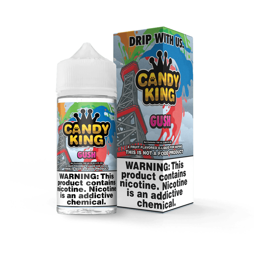 Gush Candy King e-liquid bottle, 100mL, with colorful label, featuring vibrant fruity candy flavor imagery.