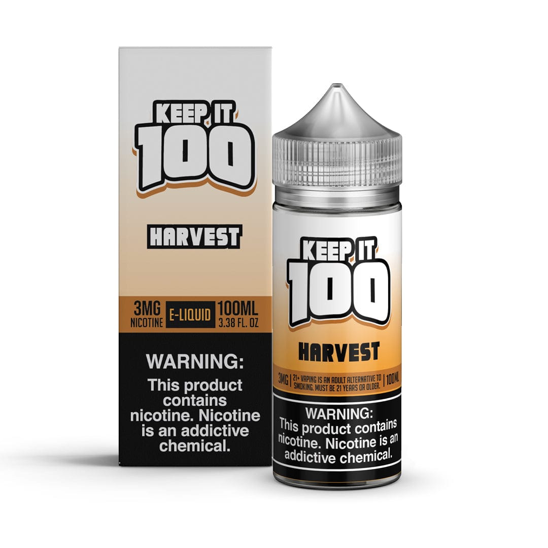 Bottle of Keep It 100 Harvest E-liquid, 100mL, with a colorful label featuring harvest-themed graphics.