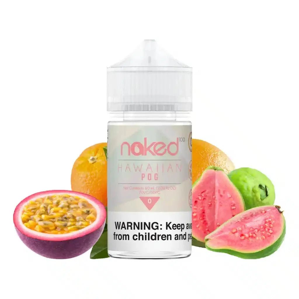 Hawaiian POG Naked 100 e-liquid 60mL bottle with colorful label featuring tropical fruit imagery