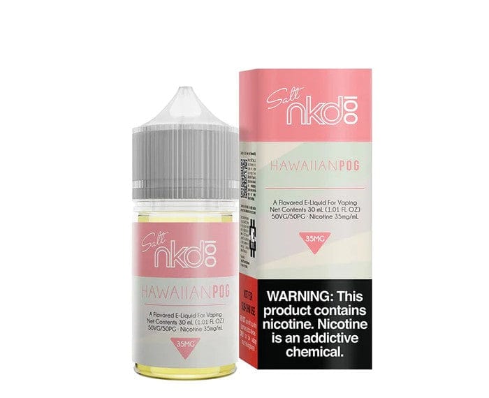 Hawaiian POG salt e-liquid by Naked 100 in a 30mL bottle, featuring tropical fruit flavor with vibrant packaging.