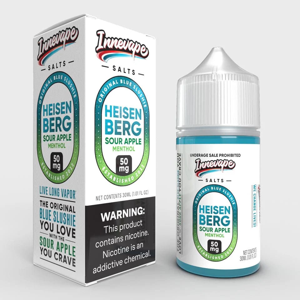 Heisenberg Sour Apple Menthol SALT e-liquid by Innevape in 30mL bottle, featuring a sour apple and menthol flavor profile.
