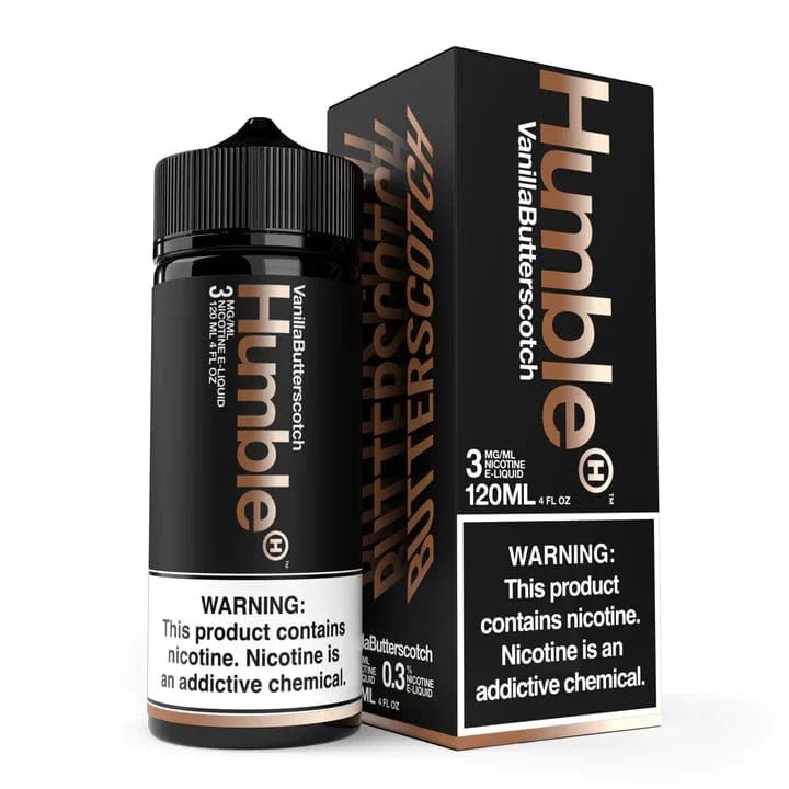Humble Juice Co. Hop Scotch vanilla butterscotch e-liquid bottle, 120mL, with colorful label and flavor illustration.
