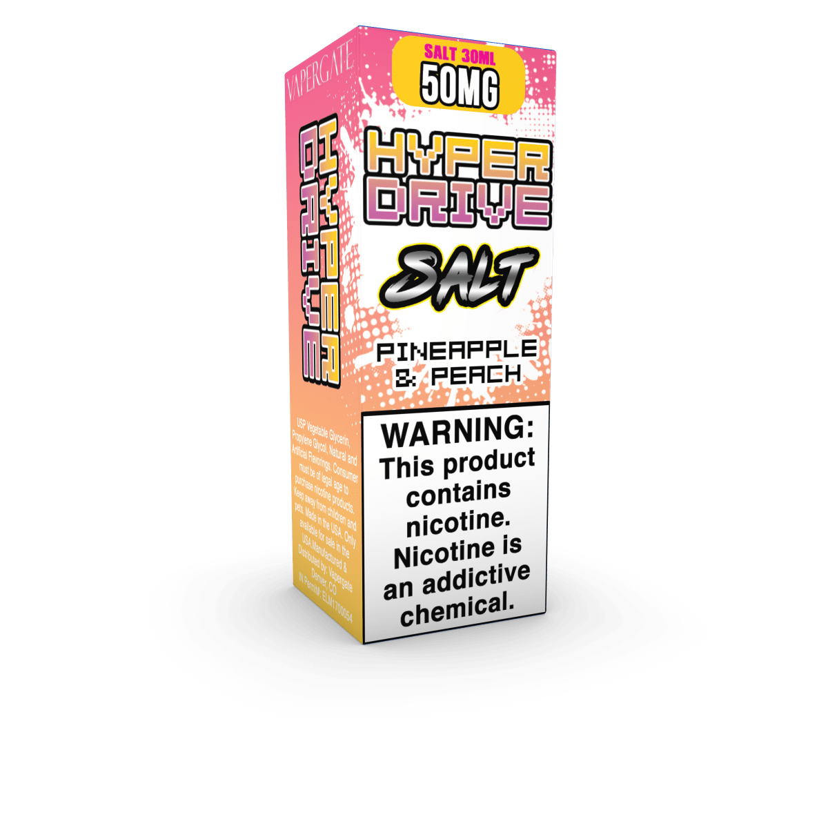 Vapergate Hyper Drive SALT e-liquid 30mL bottle with colorful label, designed for vaping devices, nicotine salt formulation.