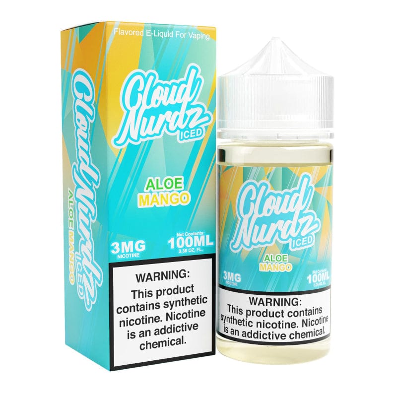 Iced Aloe Mango e-liquid by Cloud Nurdz in a 100mL bottle, showcasing vibrant packaging and fresh flavor design.