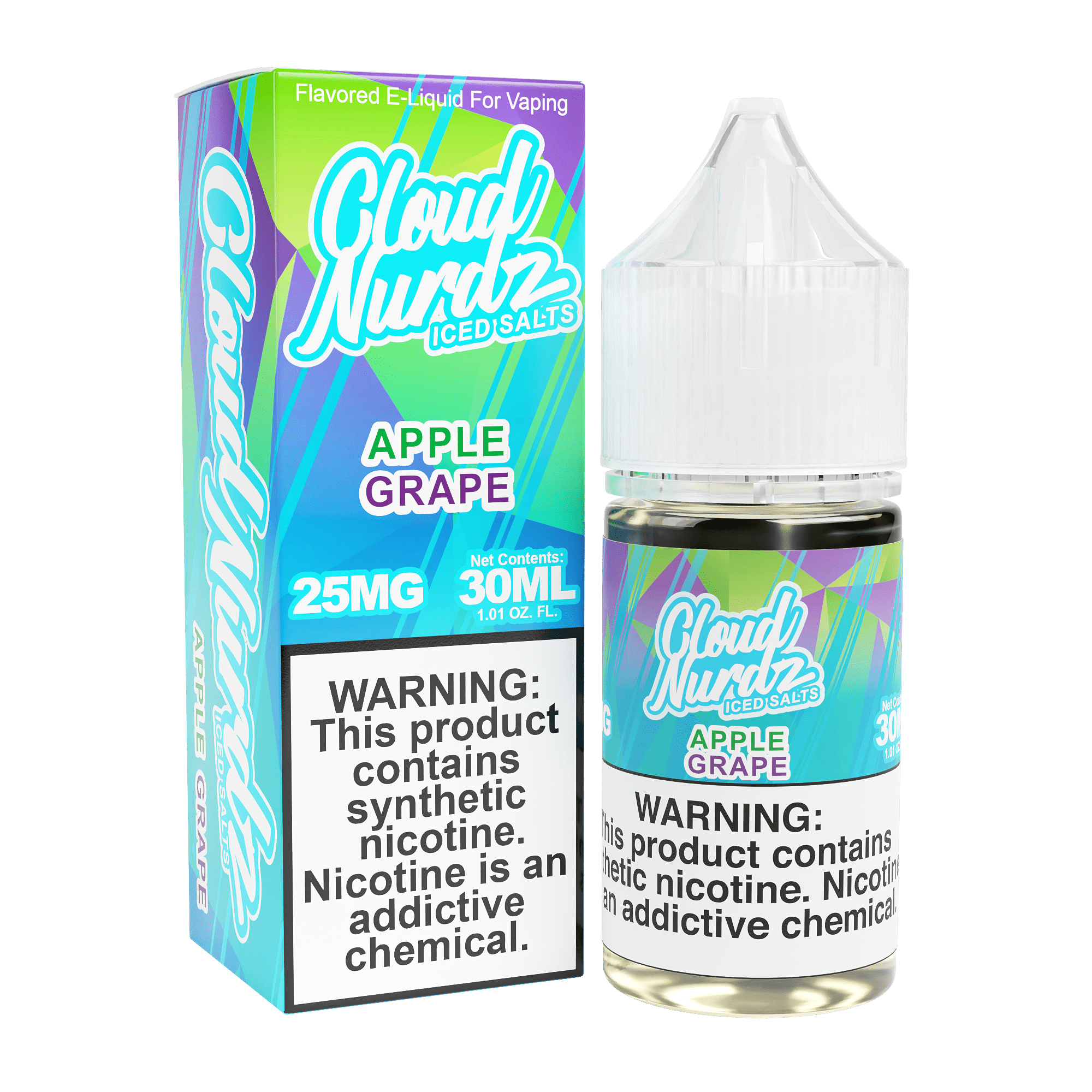 Iced apple grape salt e-liquid by Cloud Nurdz in a 30ml bottle, showcasing a refreshing fruit blend with cooling menthol.