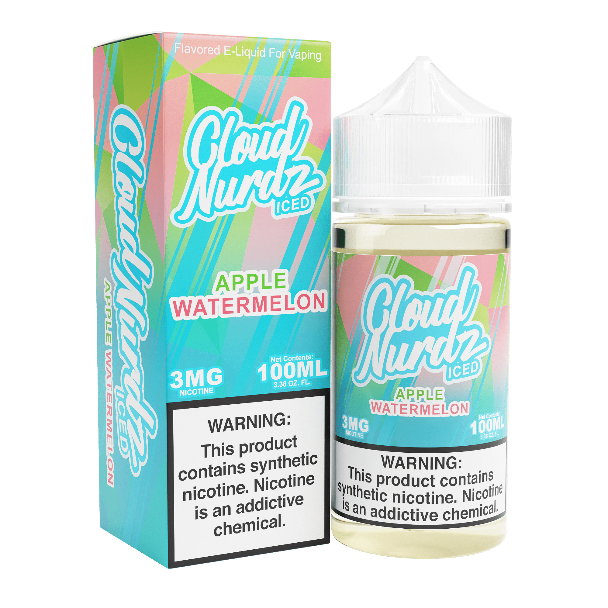 Iced apple watermelon flavored e-liquid by Cloud Nurdz in a 100mL bottle, featuring a refreshing fruit blend with icy coolness.