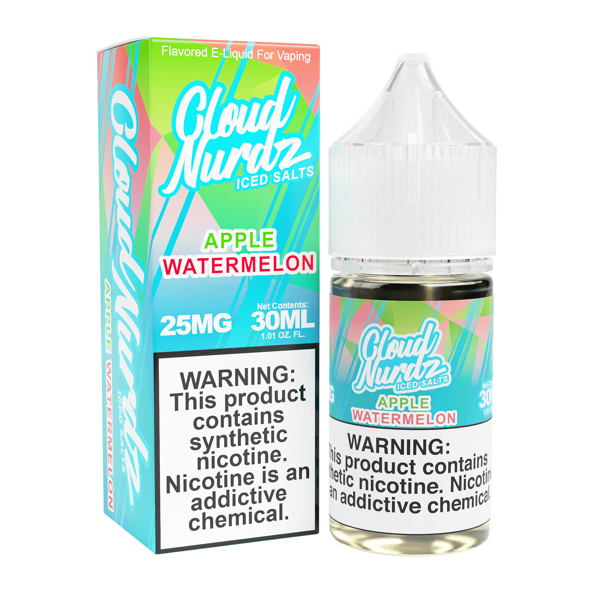 Iced apple watermelon salt e-liquid by Cloud Nurdz in a 30mL bottle, featuring refreshing fruit flavors with a cooling menthol finish.