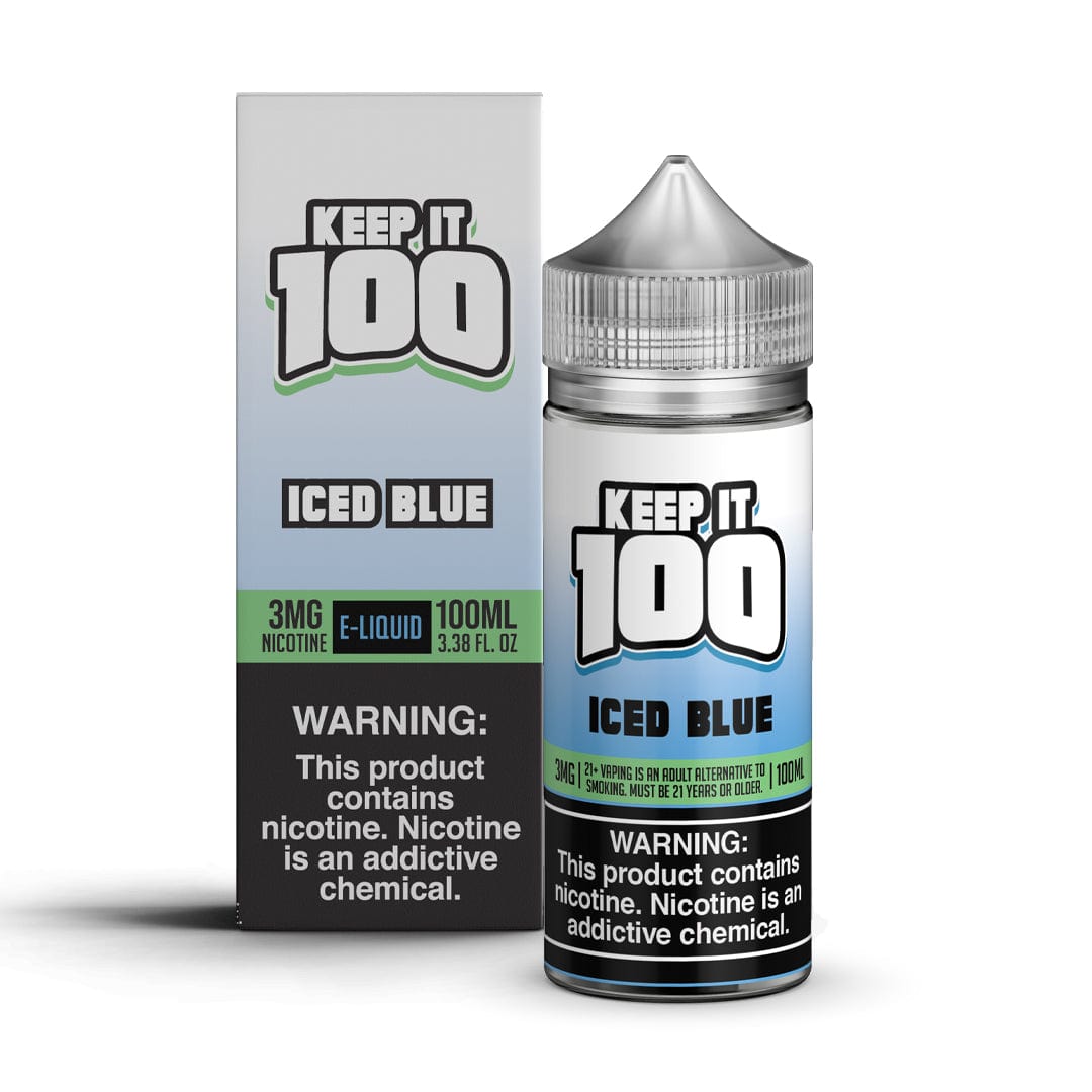 Blue-colored e-liquid bottle labeled "ICED Blue" by Keep It 100, 100mL bottle with icy blue flavor branding.