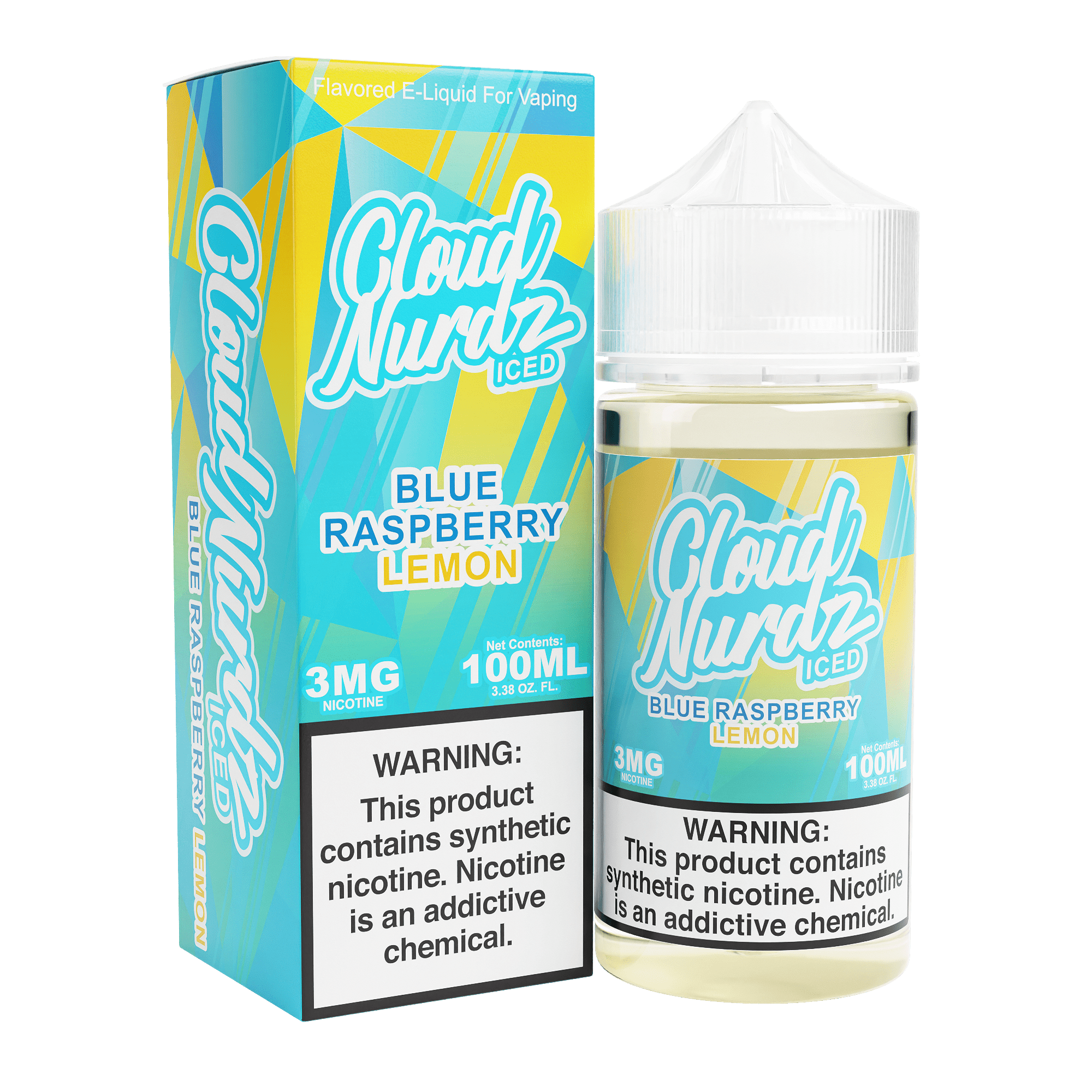 Iced Blue Raspberry Lemon Cloud Nurdz e-liquid in 100mL bottle with vibrant blue raspberry and lemon flavor illustration.