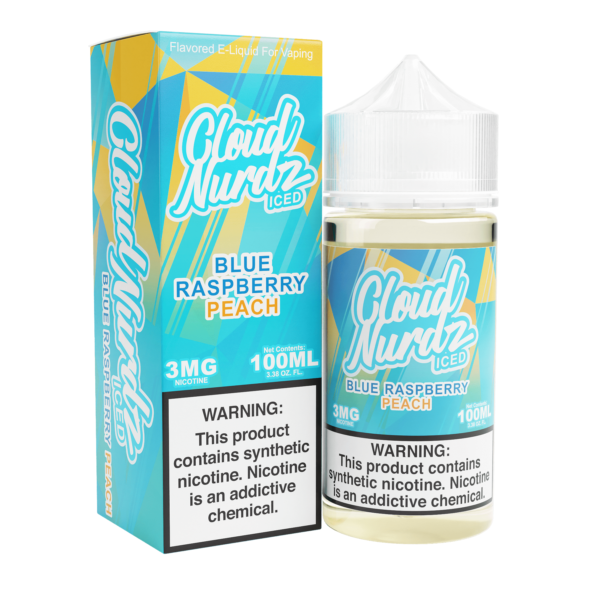 Iced Blue Raspberry Peach Cloud Nurdz E-liquid bottle, 100mL, featuring a colorful label with blue raspberry and peach flavor graphics.