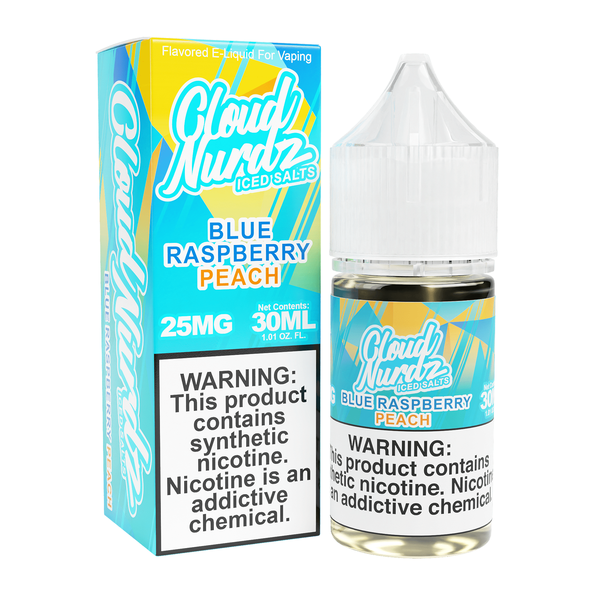 Iced Blue Raspberry Peach Salt e-liquid by Cloud Nurdz in a 30mL bottle, featuring a vibrant blue raspberry and peach flavor.