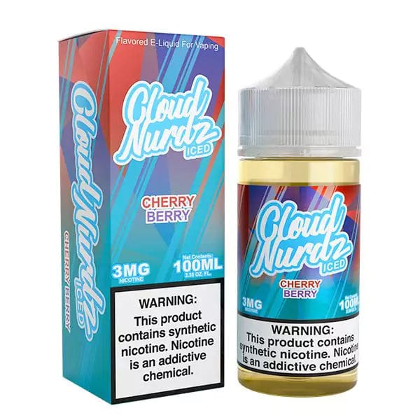 Iced Cherry Berry Cloud Nurdz e-liquid 100mL bottle with colorful label featuring cherries and berries, cool icy design.