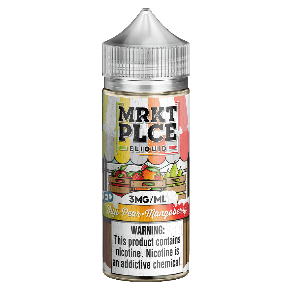 Iced Fuji Pear Mangoberry e-liquid by MRKT PLCE in a 100mL bottle showing the colorful packaging and branding.