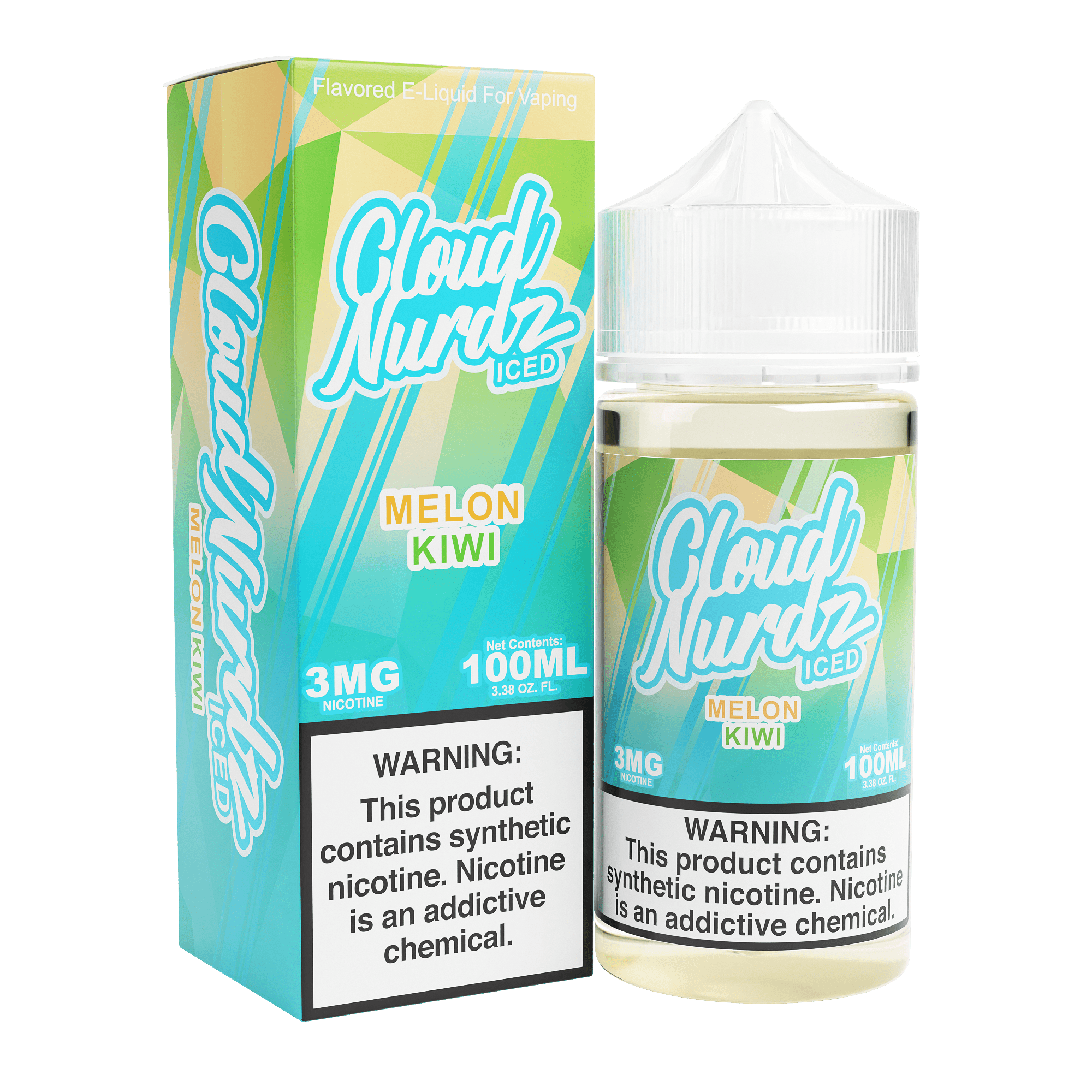 Iced Melon Kiwi Cloud Nurdz e-liquid bottle, 100mL, with vibrant label featuring melon and kiwi flavor illustrations.