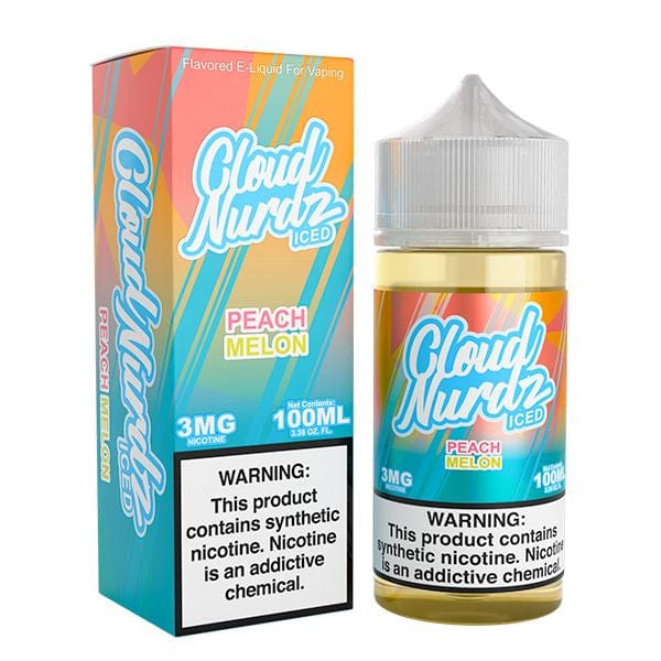 Iced Peach Melon E-liquid by Cloud Nurdz in 100mL bottle, featuring a refreshing peach and melon flavor with icy menthol.