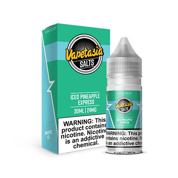 Vapetasia Iced Pineapple Express Salt E-liquid bottle, 30mL with pineapple and menthol flavor for vaping.