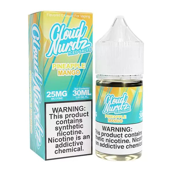 Iced Pineapple Mango Salt E-liquid by Cloud Nurdz in a 30mL bottle, showcasing vibrant fruit flavor and cooling icy effect.