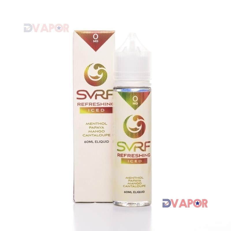 Iced Refreshing SVRF e-liquid bottle, 60ml, with vibrant label design and clear plastic bottle showing the vape juice inside