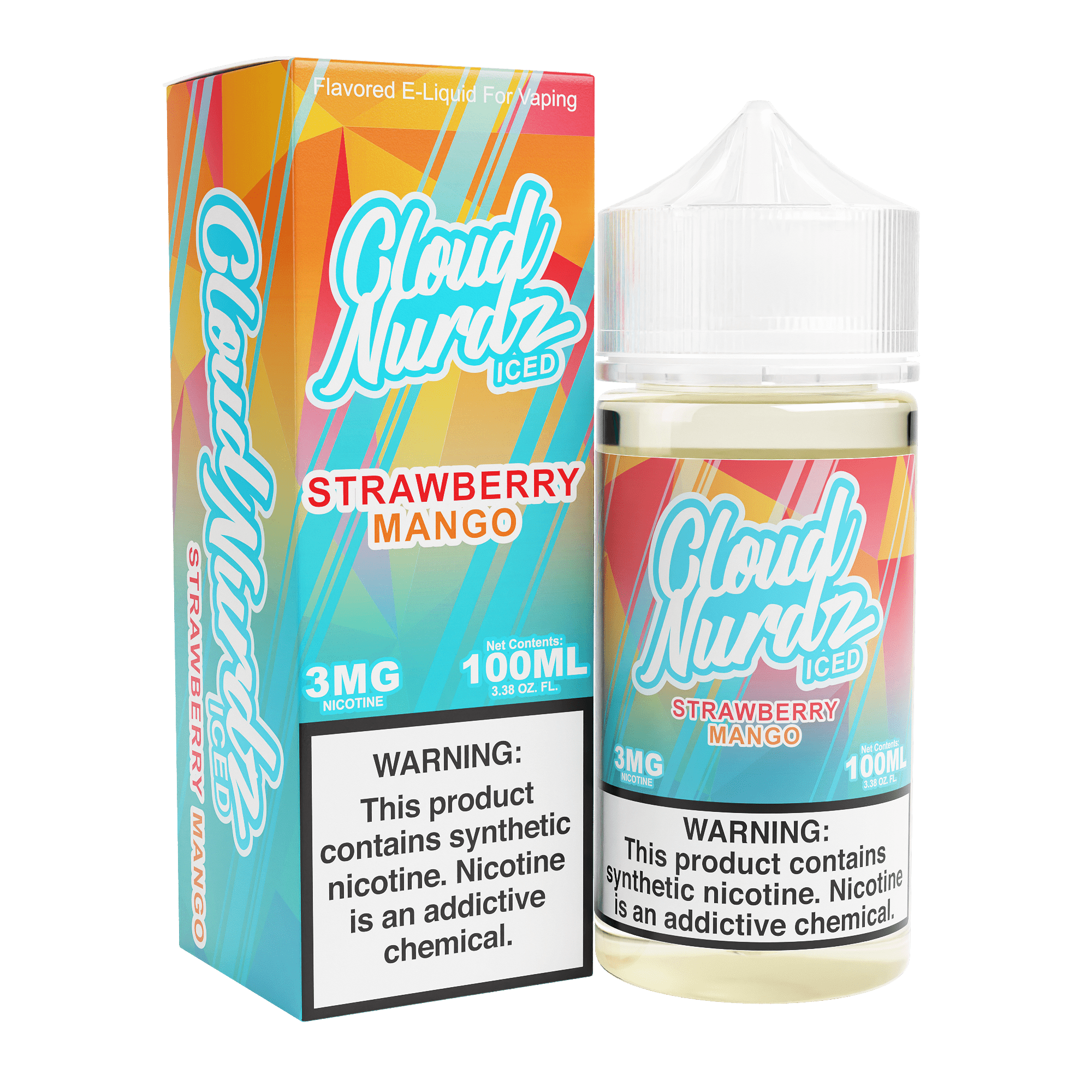 Iced strawberry mango E-liquid by Cloud Nurdz in a 100mL bottle, featuring a refreshing blend of fruity flavors with a cool finish.