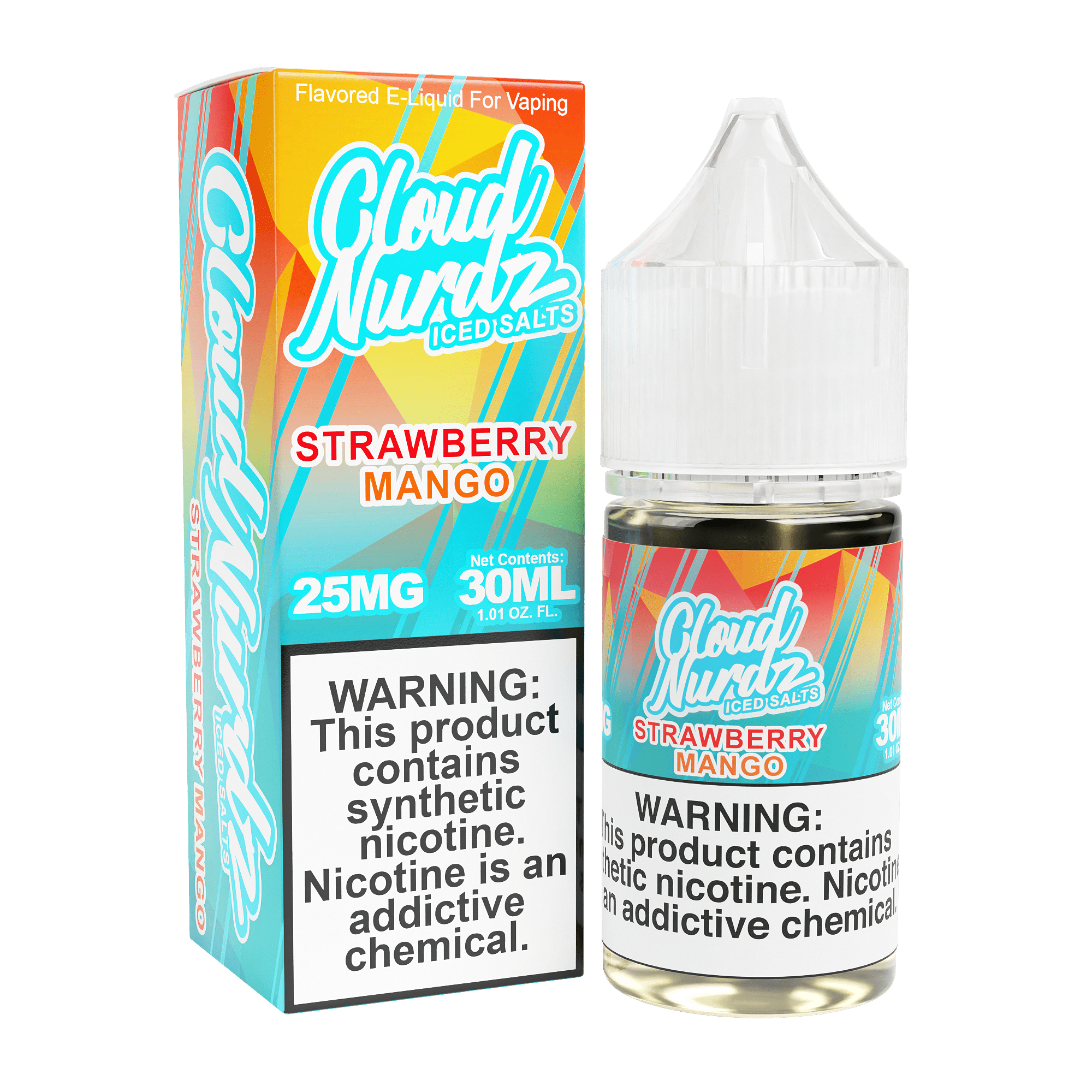 Iced strawberry mango salt e-liquid by Cloud Nurdz in a 30mL bottle, featuring a refreshing fruity and cool flavor profile.