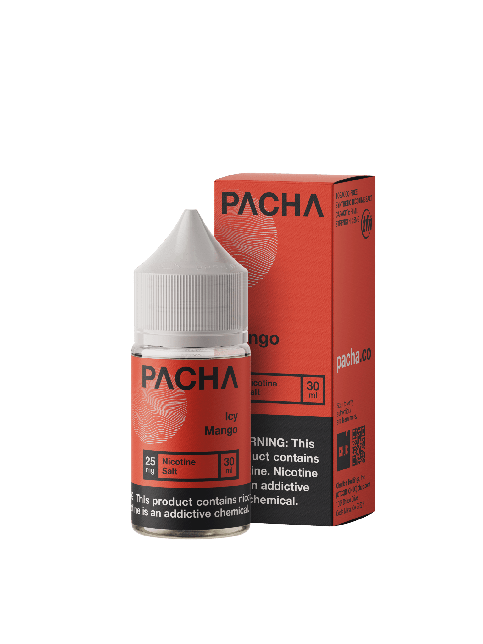 Pachamama ICY Mango SALT e-liquid bottle with icy mango flavor, 30mL size, featuring vibrant label design.