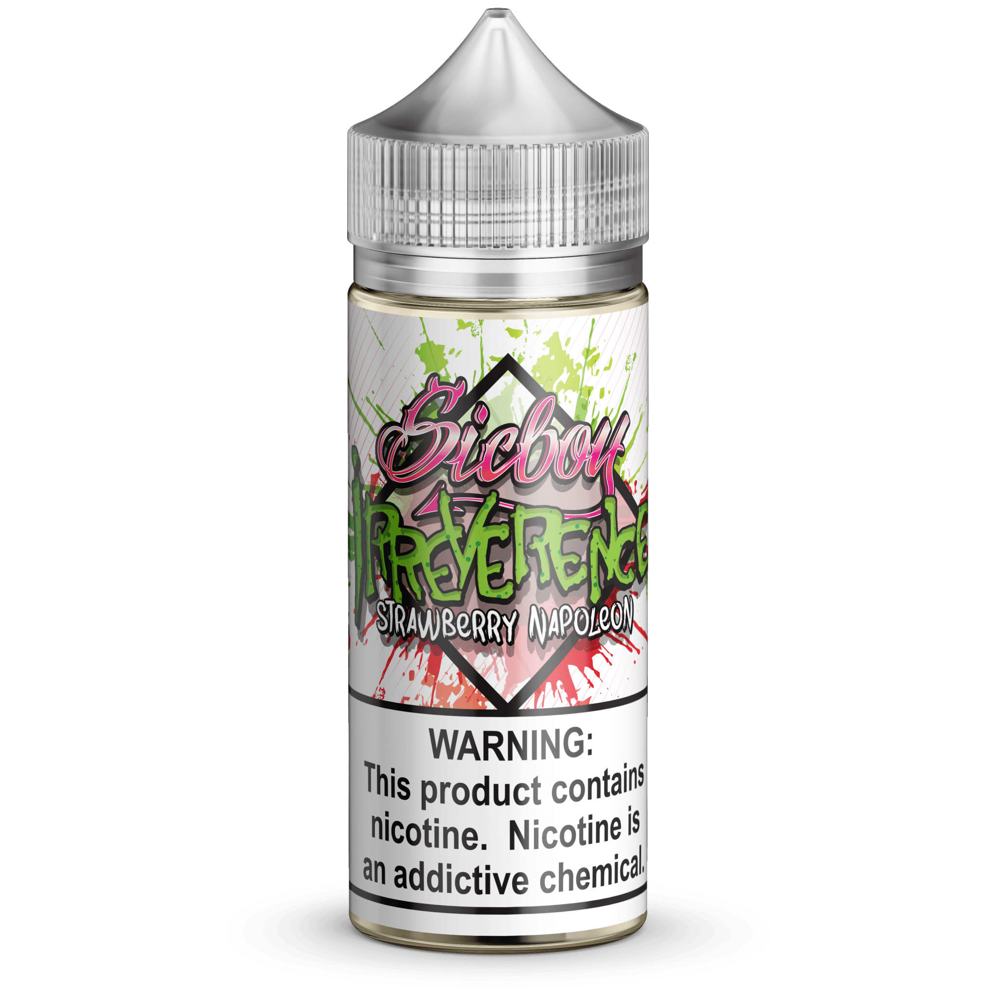 Bottle of Sicboy Irreverence 100mL e-liquid with colorful label featuring bold graphics and branding.