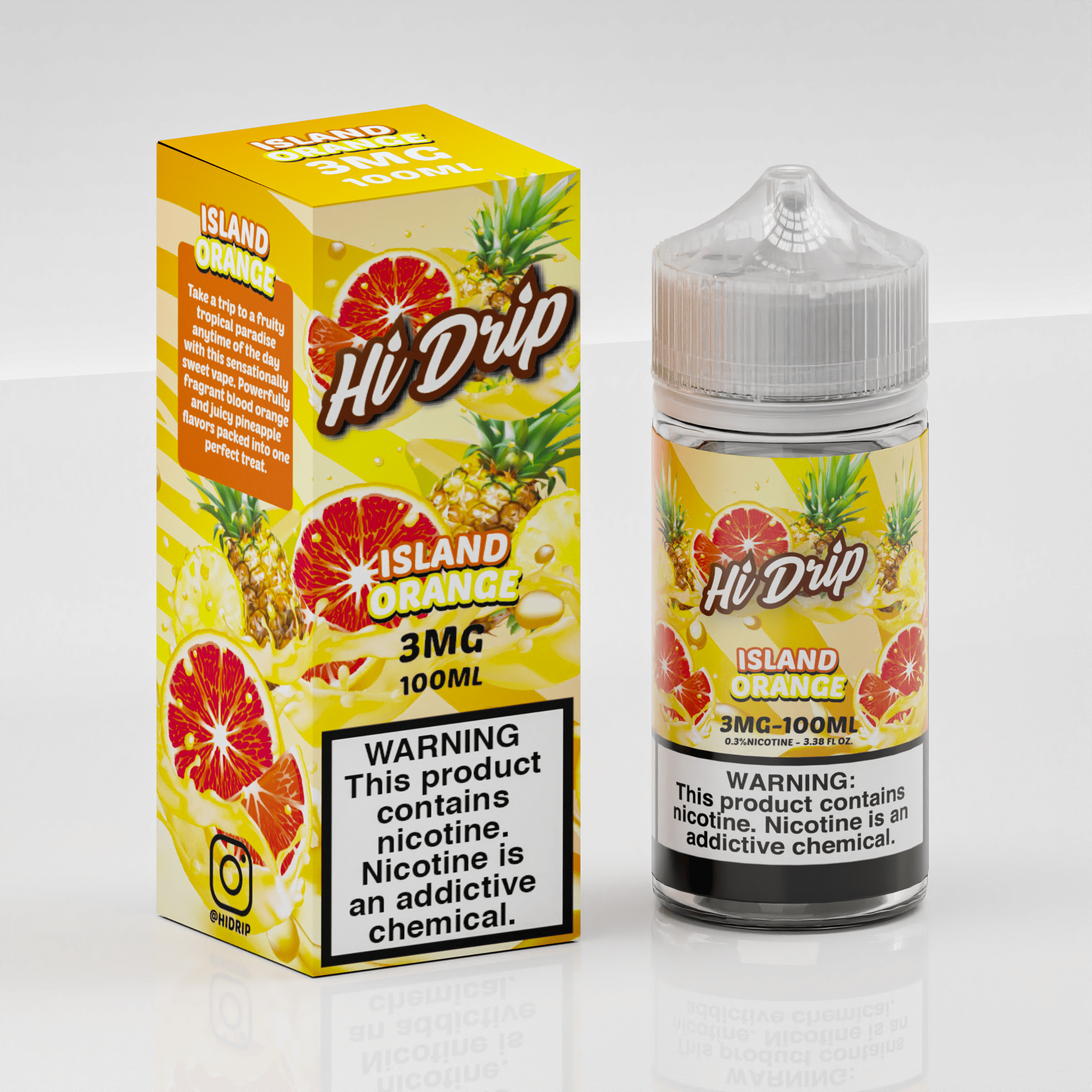 Bottle of Hi Drip Island Orange e-liquid, 100mL, with colorful label featuring orange and tropical fruit imagery.
