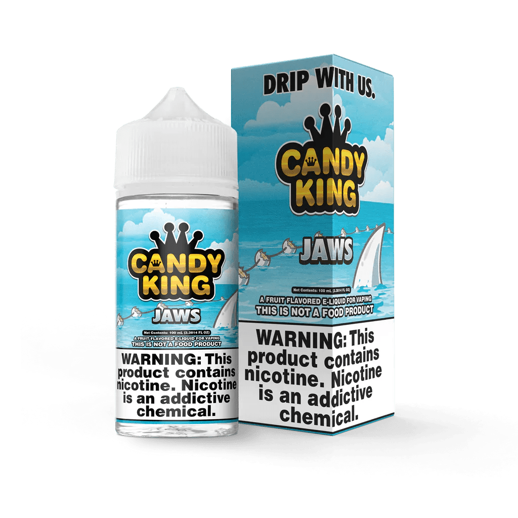 Jaws e-liquid by Candy King in a 100mL bottle, with vibrant packaging and colorful branding for vaping enjoyment.